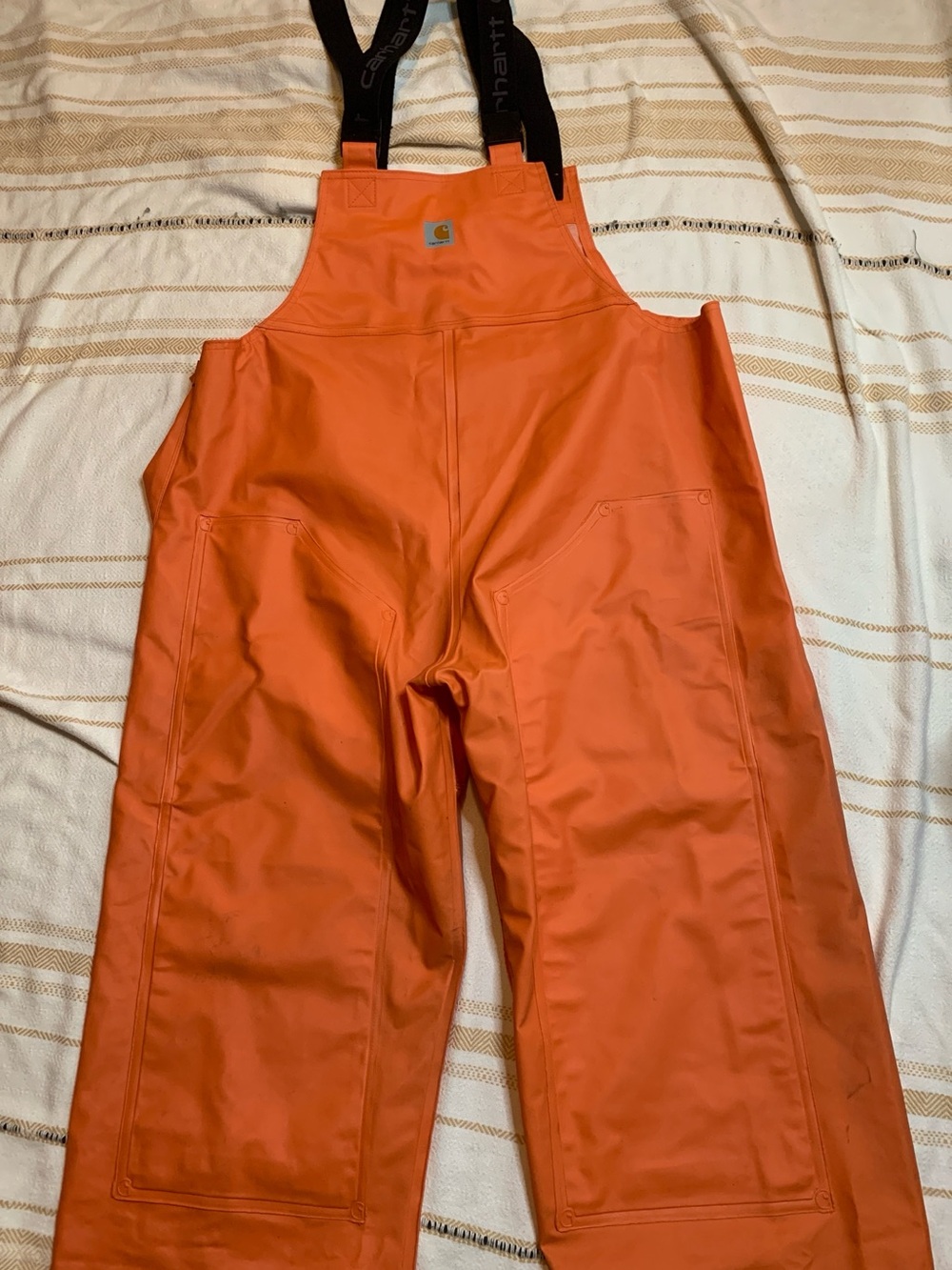 Carhartt Orange Bib Overalls with Black Suspenders